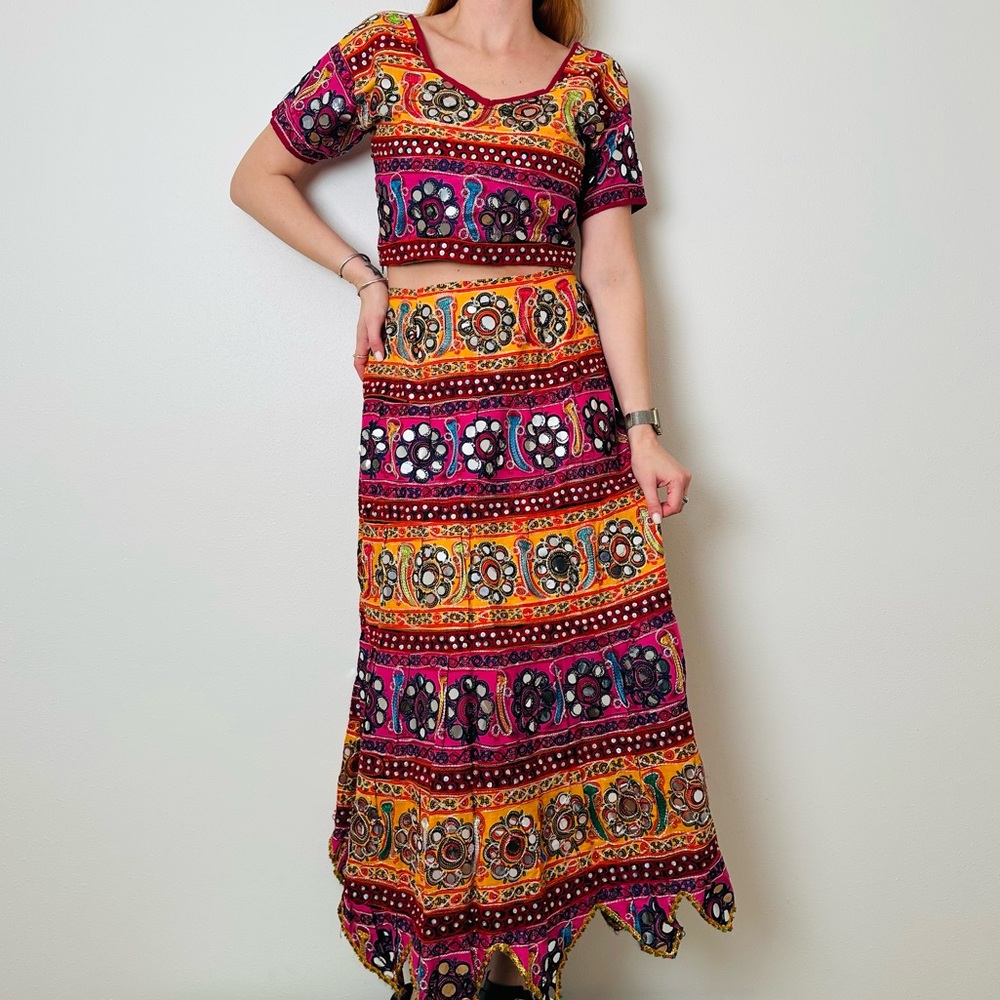 Aari Embroidered Cotton Skirt Mirror Work Indian Lehenga Choli Set Top Colorful - Picture 2 of 8